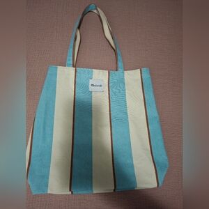 Madewell Aqua and Cream Striped Tote NWOT